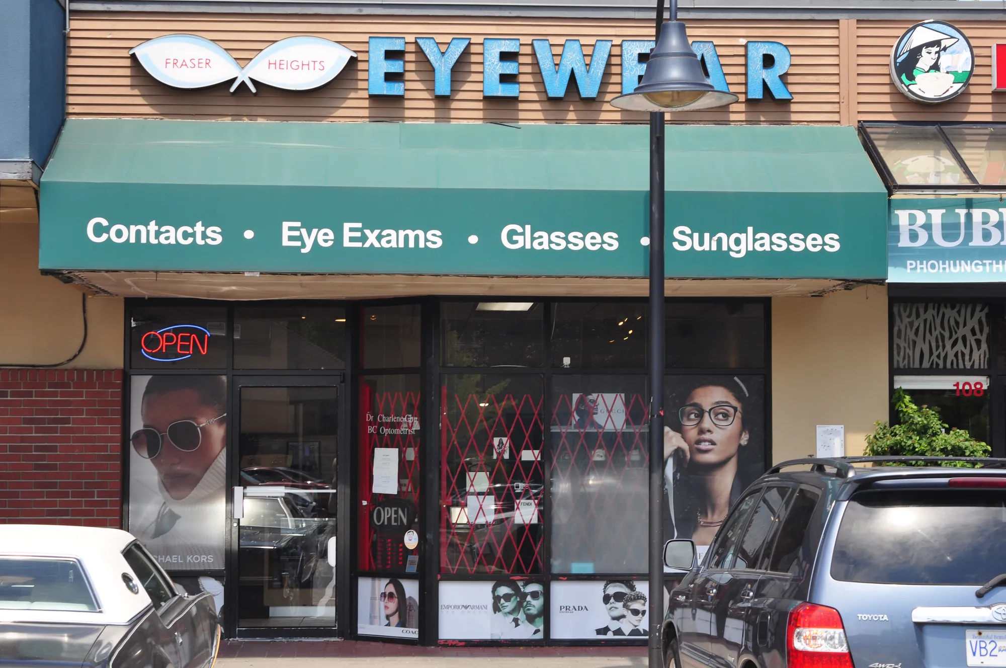 Fraser Heights Eyewear awning and channel-letter storefront sign in Surrey