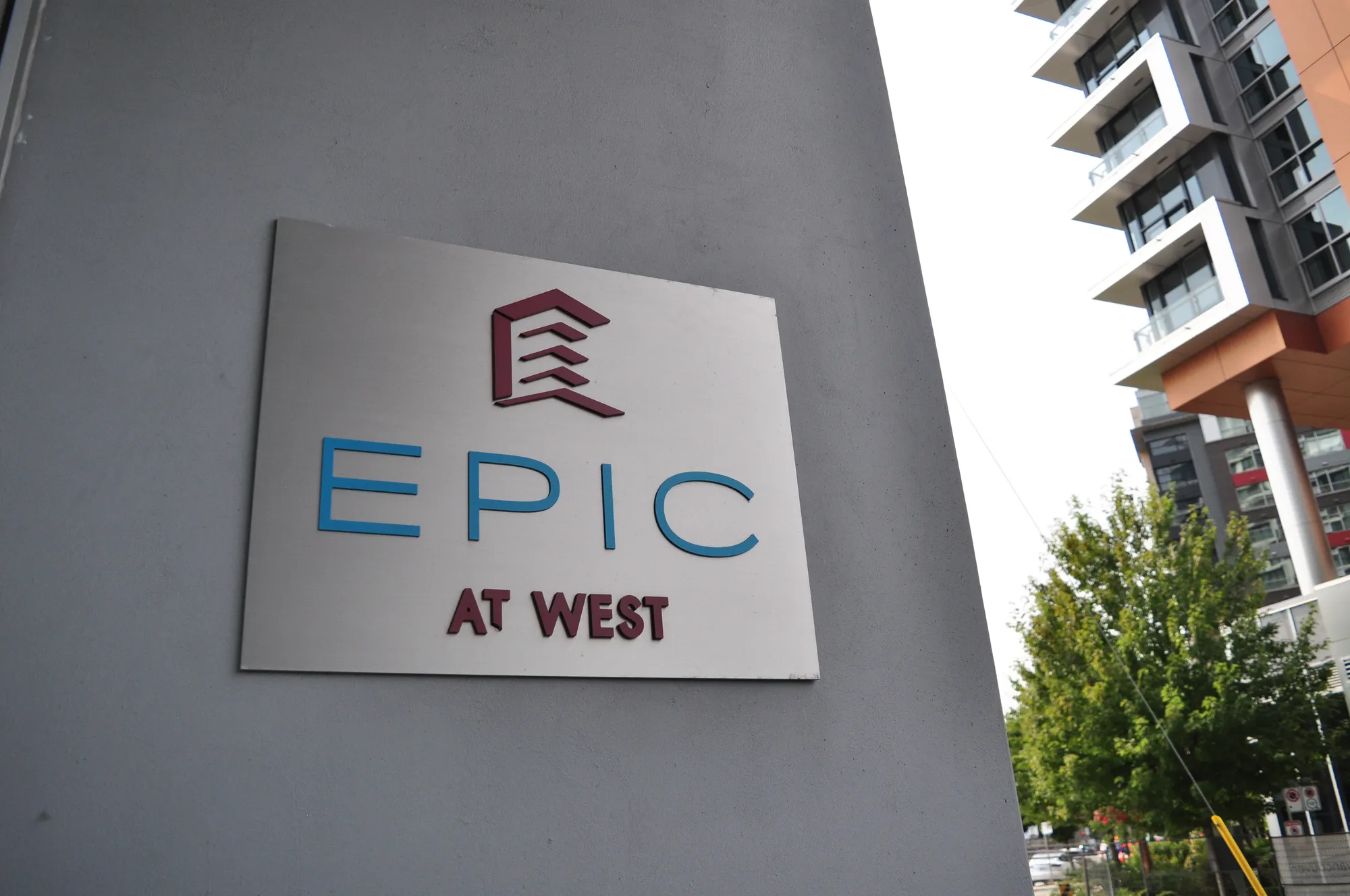 Stainless building-identity plaque in West Vancouver