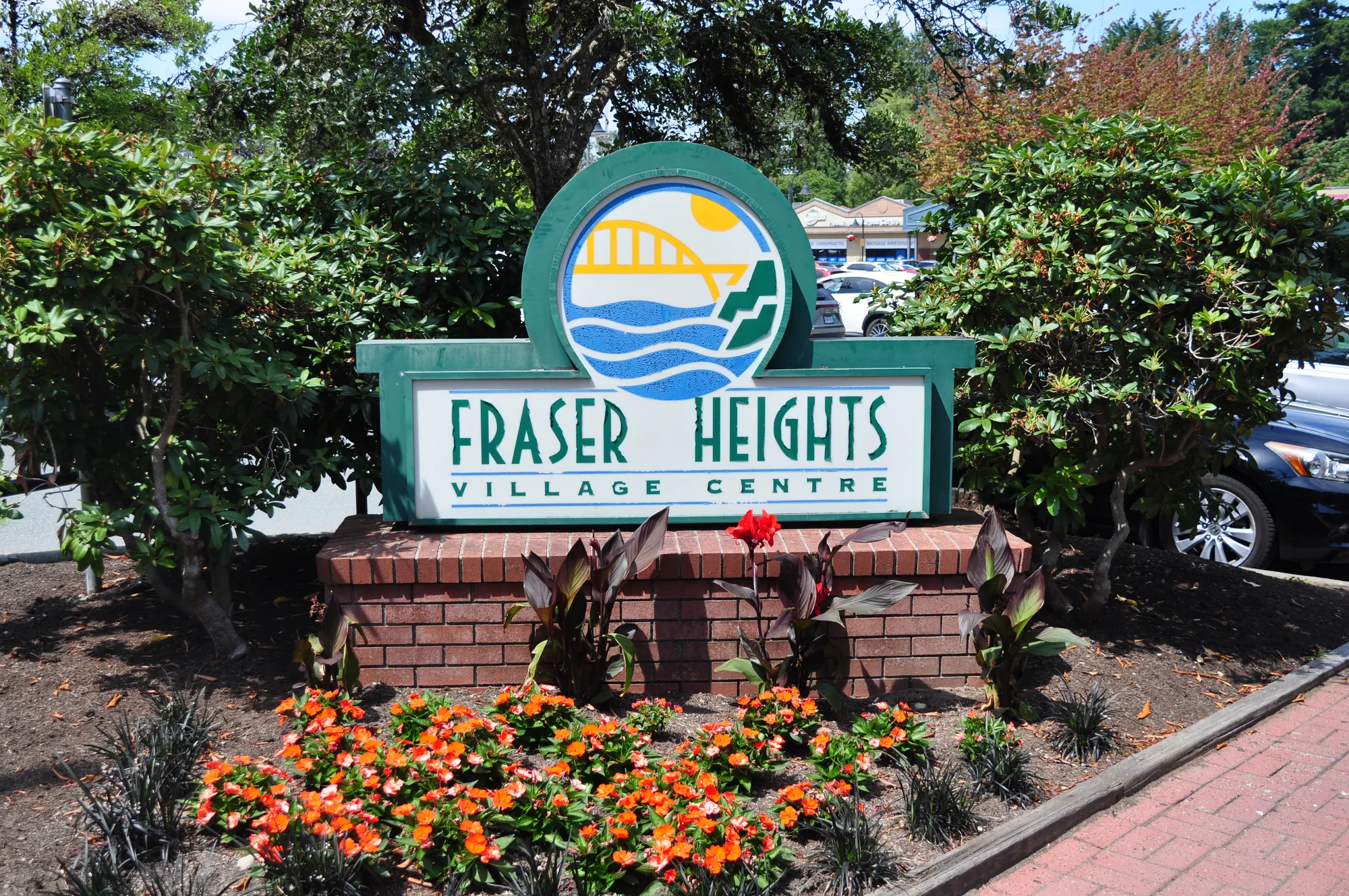 Fraser Heights Village Centre brick monument sign in Surrey