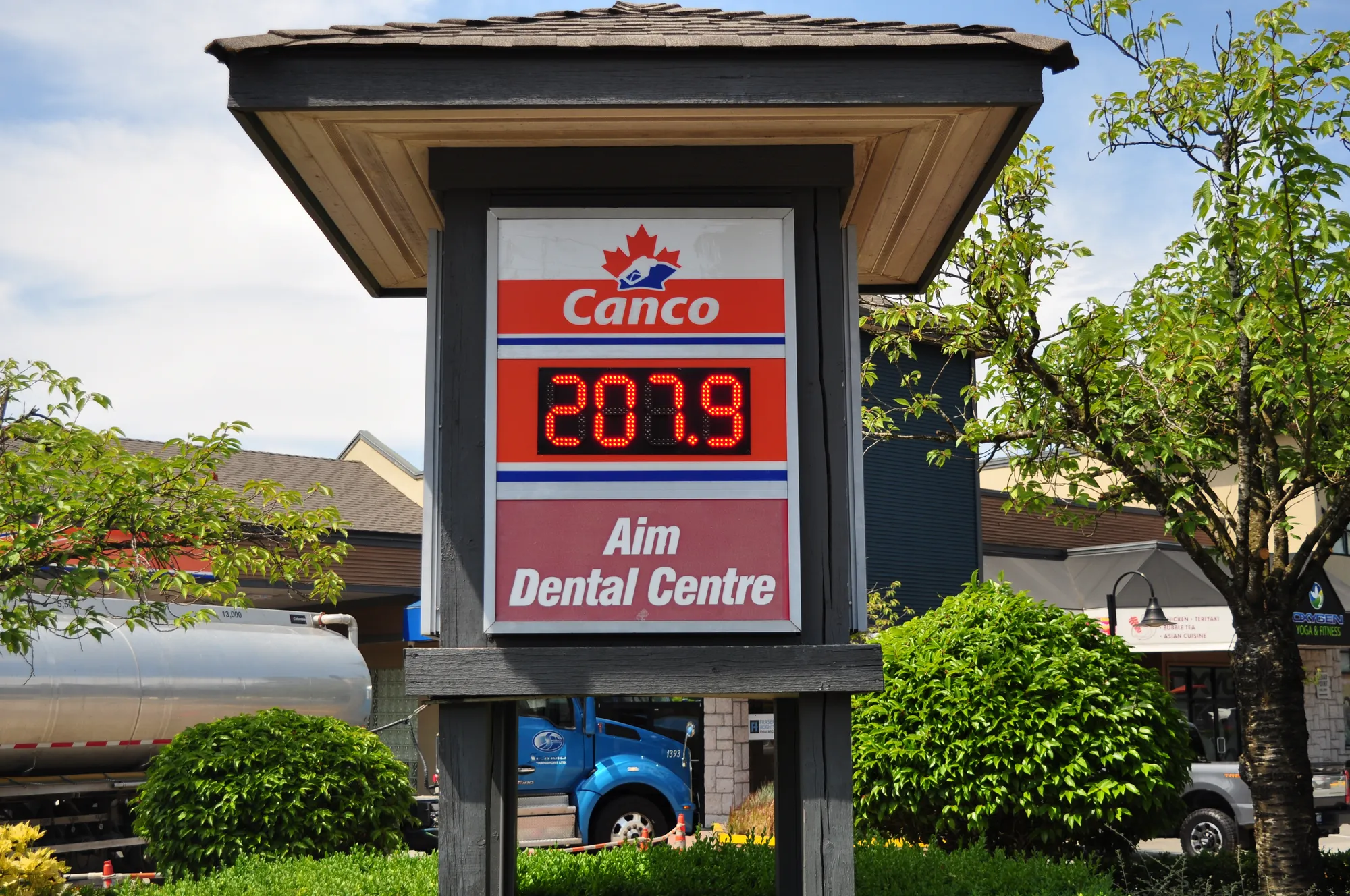Canco gas station pylon sign with digital fuel price in Vancouver